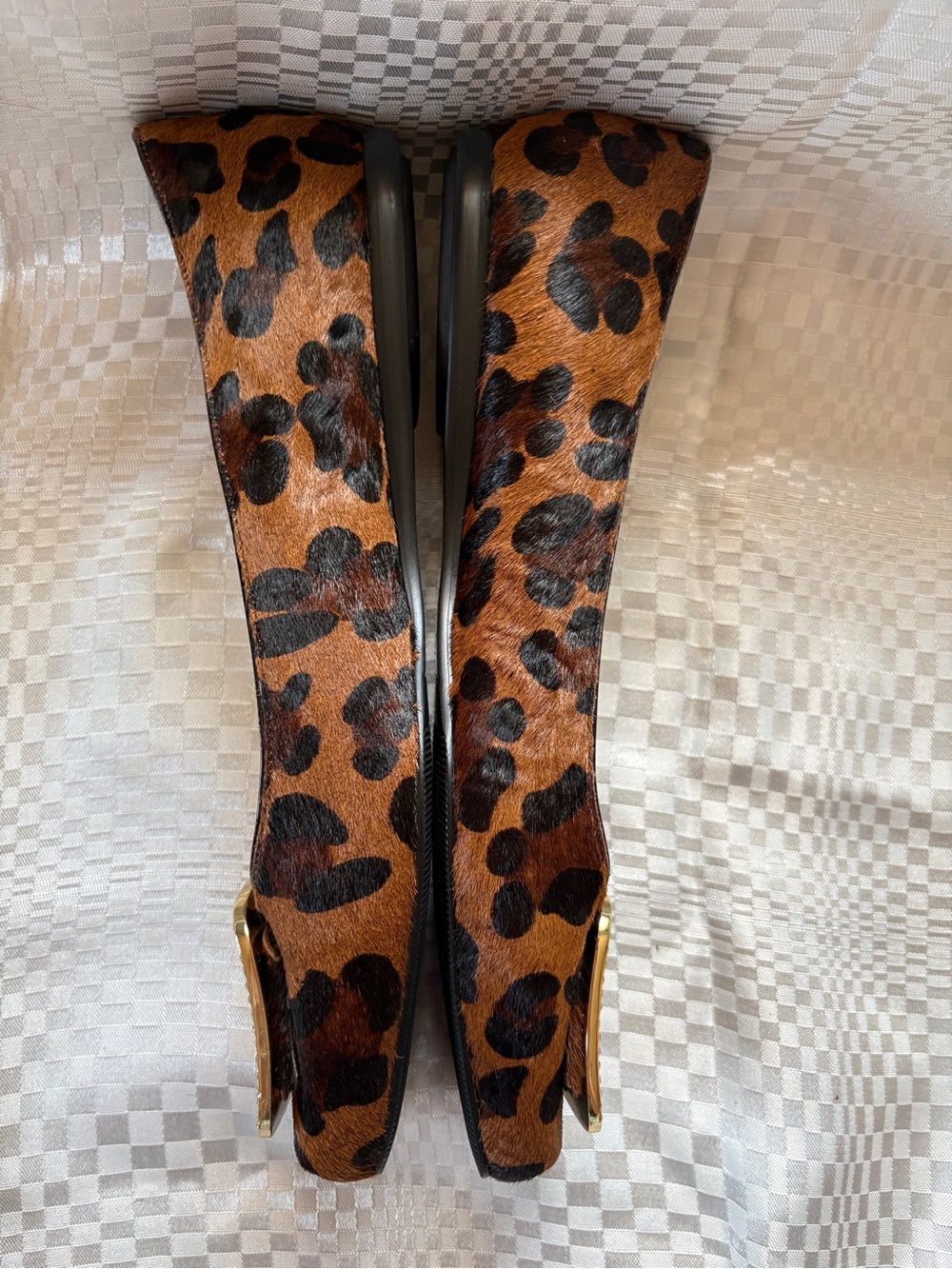 Nina Leopard-Print Animal Hair SquareToe Flats with Crystal/Rhinestone Buckle.